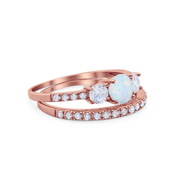 Three Stone Two Piece Bridal Round Rose Tone, Lab Created White Opal Wedding Ring 925 Sterling Silver